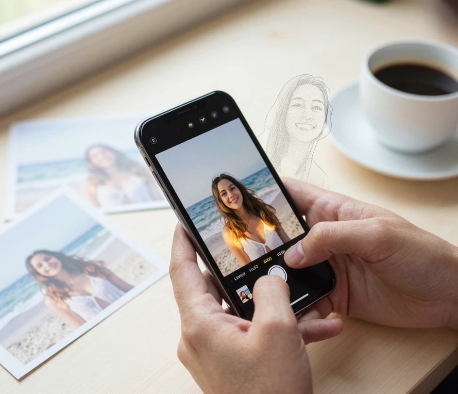 Hands holding a smartphone showing a single beach photograph filling the screen edge to edge, a faint ghost of comic ink outlines foreshadowing the conversion above it