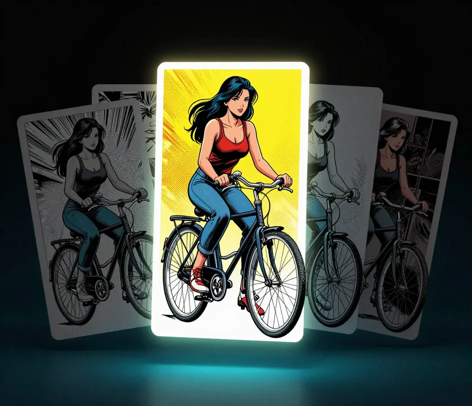 Four floating cards of the same woman with her bicycle in different comic treatments — the vivid American comic card glowing front and center while the manga, webtoon, and noir versions wait dimmed behind