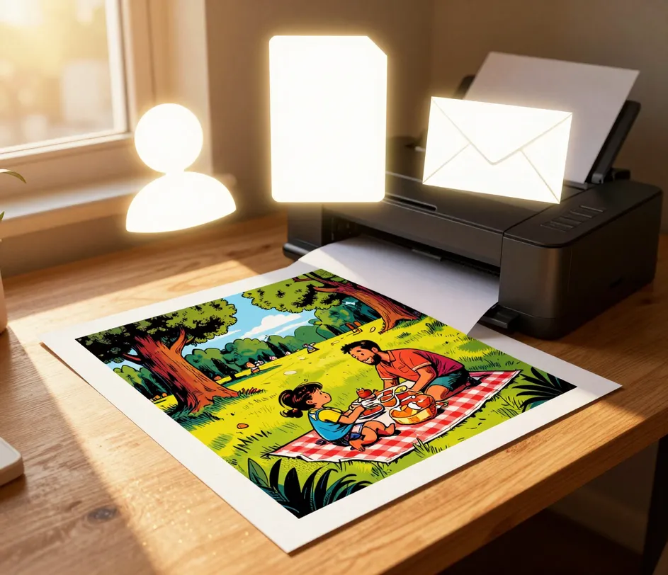 A printer outputting a finished comic illustration of a park picnic in golden hour light, with three blank glowing shapes floating above as wordless destinations for sharing