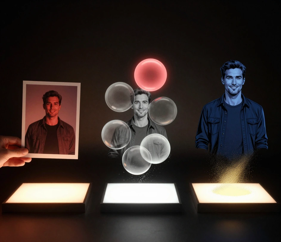 A three-stage journey across a dark studio plane: a hand placing a printed portrait on a glowing pedestal, the portrait hovering inside a ring of four colored glass orbs, and the finished comic print materializing in golden particles