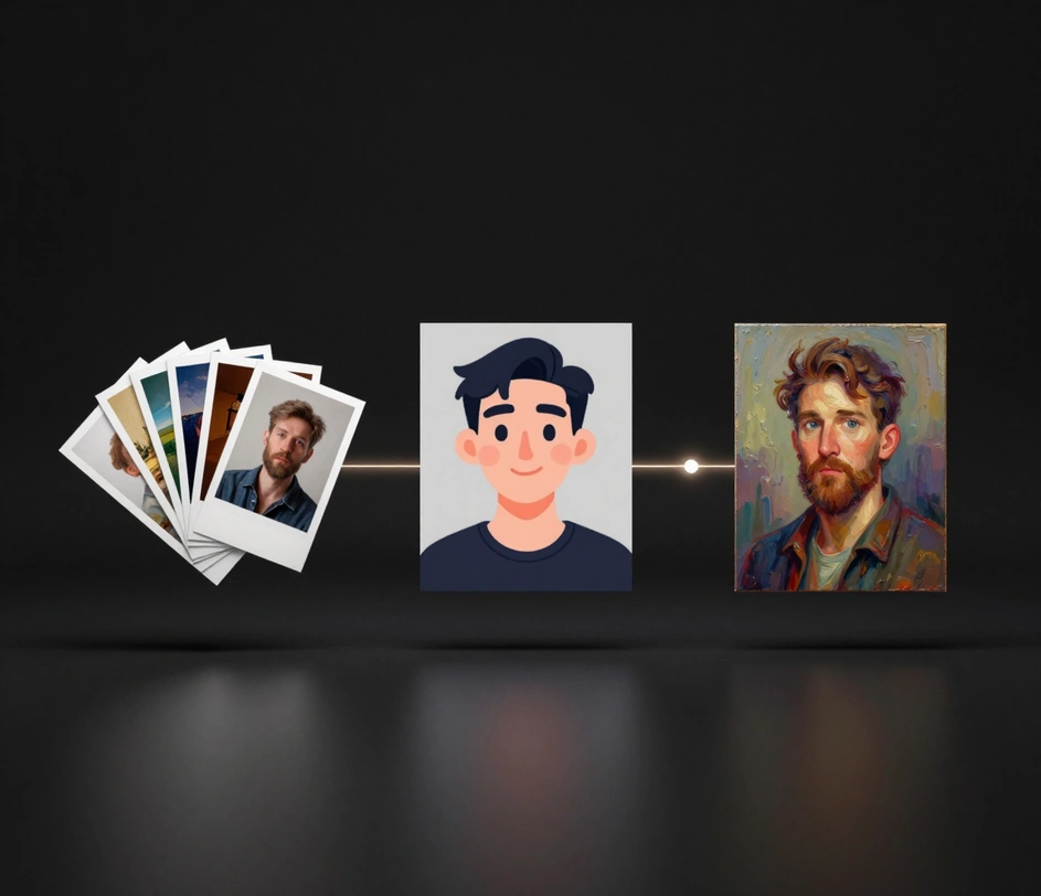 Three creative tool modules linked by a glowing thread on a dark plane: a fan of printed artworks, a photo beside its cartoon conversion, and a portrait transformed into an oil painting