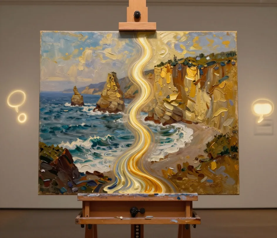 A coastal landscape photograph on a gallery easel transforming into a rich impasto oil painting with visible brushstrokes, blending through ribbons of liquid pigment