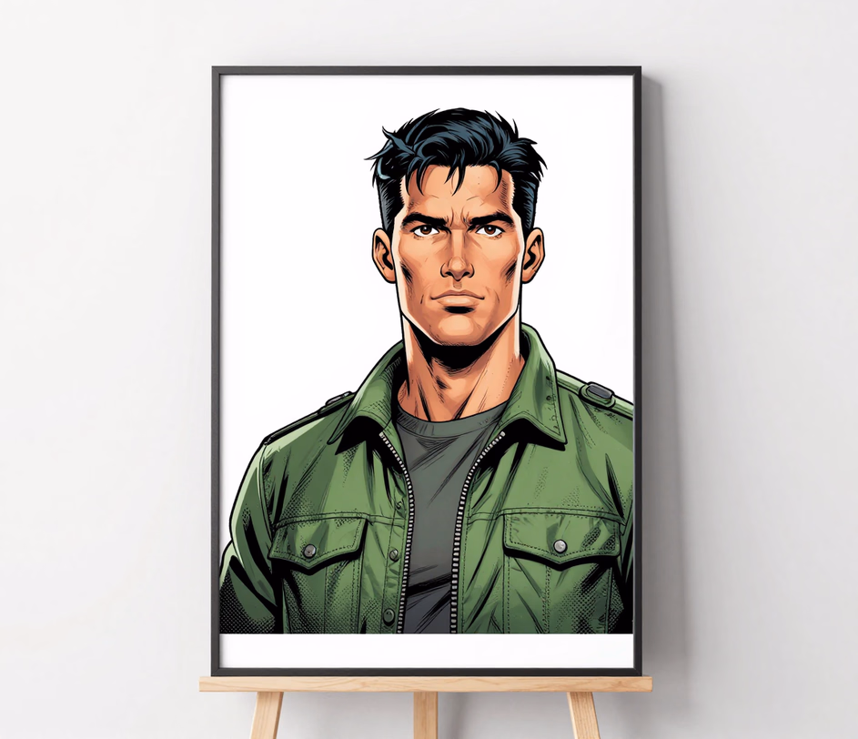 The same comic panel with print-grade razor-sharp inking and luminous color depth, illustrating the Master tier's print-grade edit at selectable 2K or 4K