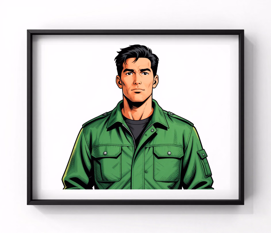 A framed American comic-style panel of a man in a green jacket with bold inking and simple halftone dots, illustrating the Standard tier's fast comic edit at a 2048px long edge for 18 credits