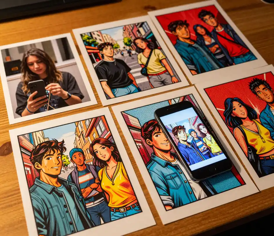 A creator's work table in warm light pairing casual printed photographs with their bold American comic counterparts — ink outlines and halftone shading on every converted print
