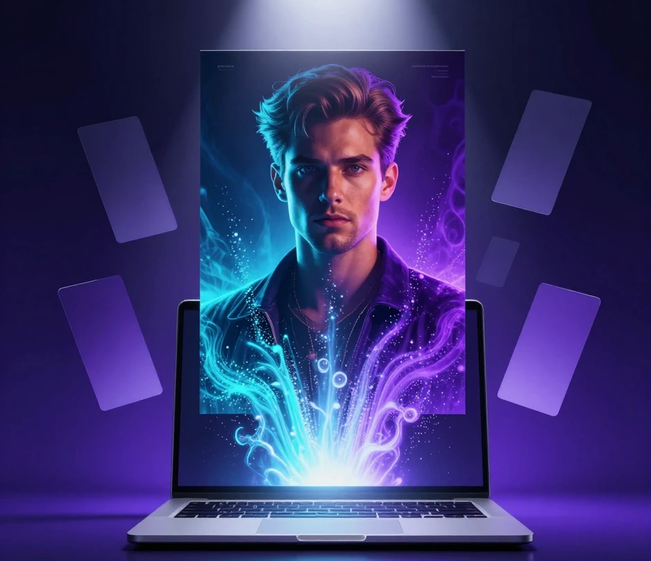 A hero composition of a finished stylized poster image emerging from a particle glow above a sleek laptop, surrounded by floating UI cards showing different prompt-driven outputs, illuminated by a bright spotlight with deep blue and violet ambient lighting