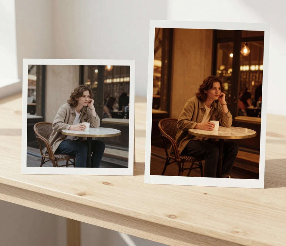 A side-by-side comparison showing an original photograph and its stylized poster output generated through Standard-tier context-aware editing, with the subject preserved and the surrounding restyled