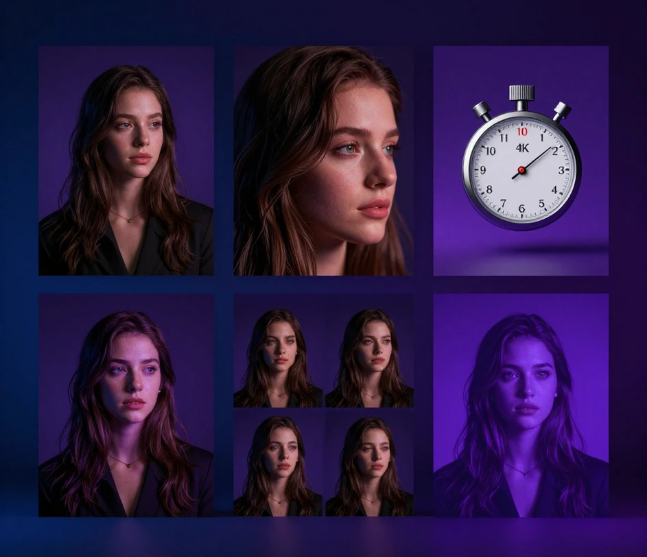A premium showcase tableau of four signature photo-to-poster capabilities — context-aware Standard editing, up to 4K print-ready output, six aspect ratios, and under-a-minute generation — unified by deep blue and violet ambient glow in a wide cinematic composition