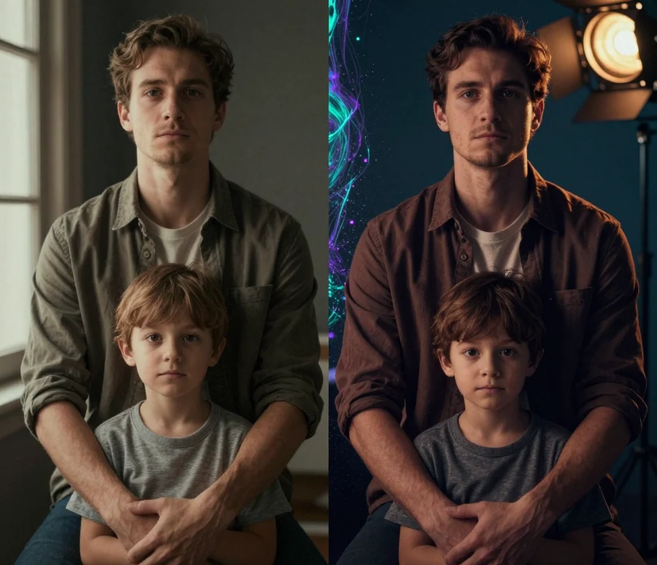 A side-by-side comparison showing an ordinary snapshot photograph transforming into a stylized poster image after AI restyling, with the original on the left and the high-resolution stylized output on the right