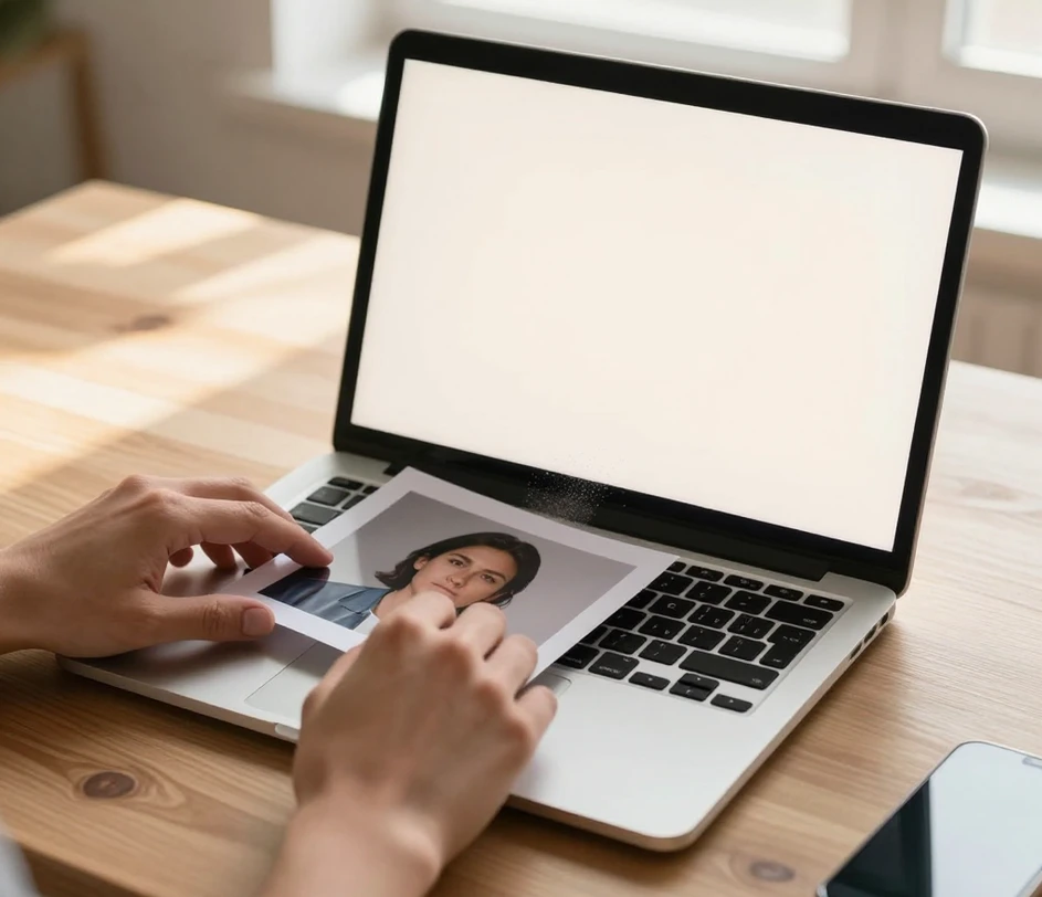 Hands dragging a source photograph into an upload dropzone on a laptop screen