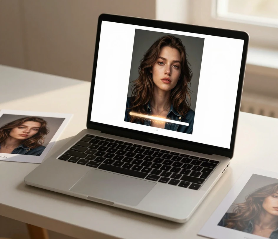 A finished stylized poster image on a laptop screen with a completed download bar and the saved high-resolution file ready for print