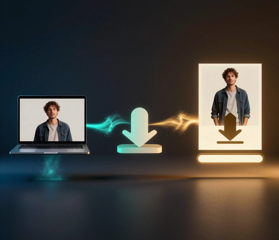A cinematic three-step creator journey in a wide horizontal composition — uploading a source photo on the left, picking a tier and writing a prompt in the center, and a finished stylized poster output with a download bar on the right