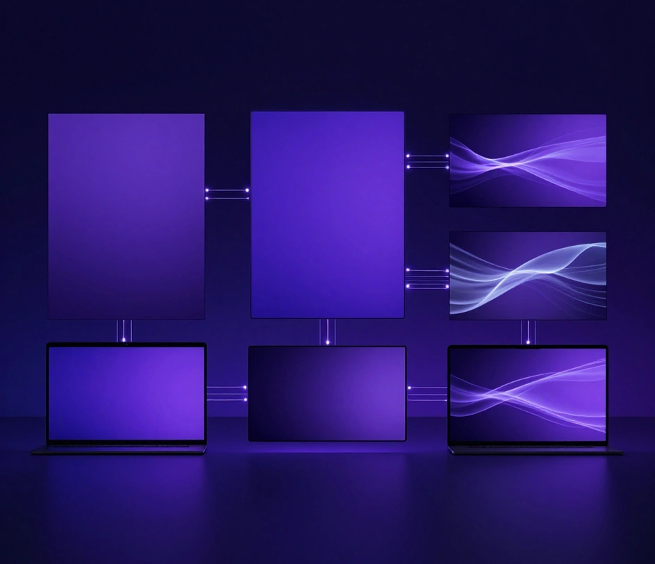 A wide horizontal showcase of related AI design tools arranged as a polished product grid — text-to-poster, text-to-image, and photo-to-animation — connected by a unified deep blue and violet ambient atmosphere