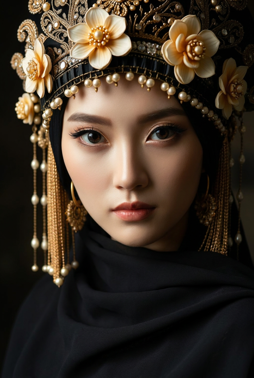 Sample Master-tier poster output at 4K print-ready resolution — close-up portrait with an elaborate crown-like headdress featuring 3D flowers, gold filigree, pearl beadwork, and cascading tassels in dramatic black-and-gold contrast