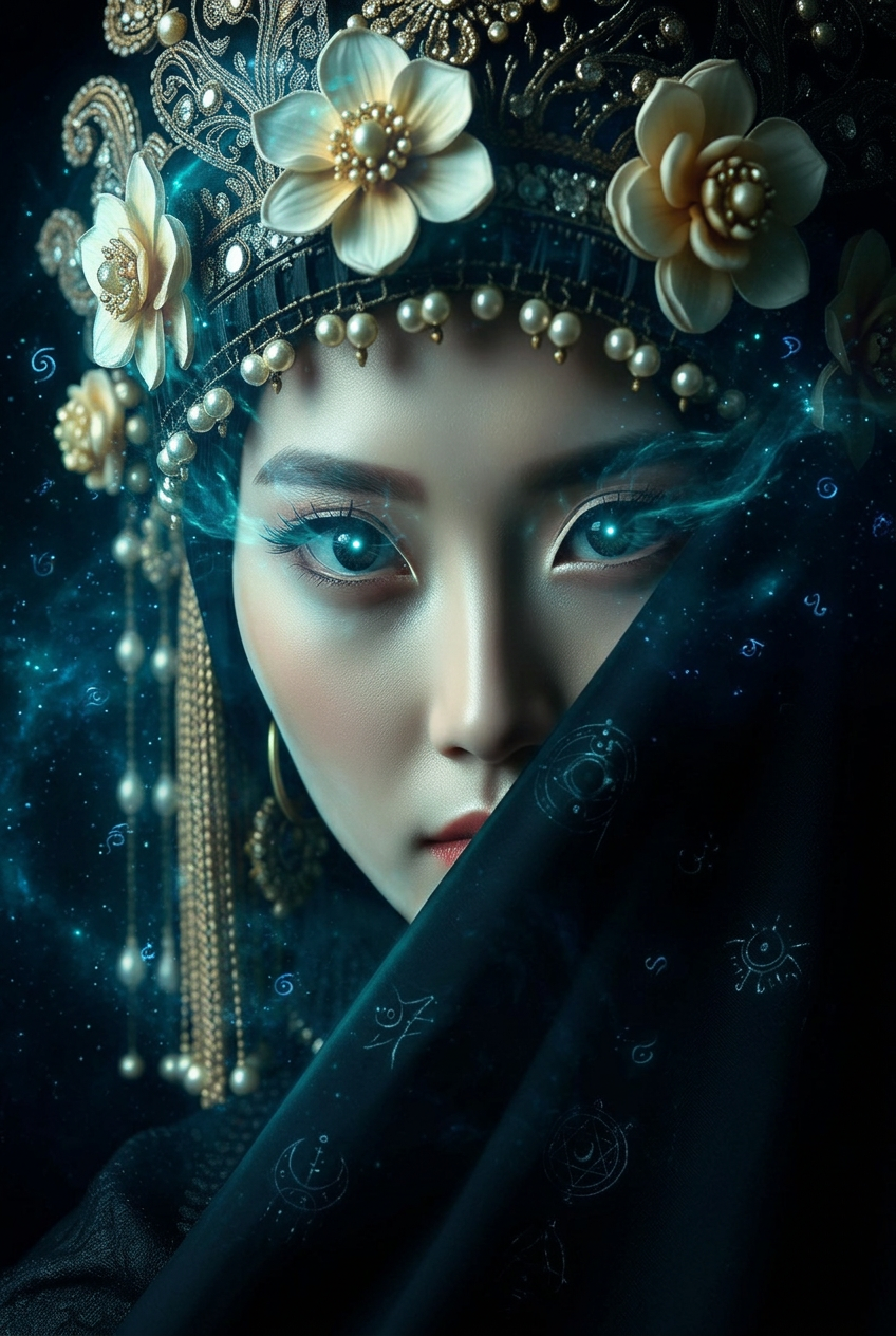 Sample Pro-tier poster output at 1K/2K resolution — vertical close-up portrait with striking blue eyes, an ornate floral headpiece with pearl beadwork and gold tassels, and dark patterned fabric draping the lower face