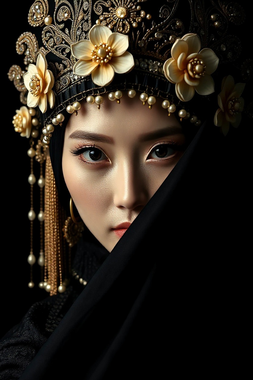 Sample Standard-tier poster output — close-up portrait restyled through prompt-driven context-aware editing, showing a black-veiled figure with a gold filigree headpiece and three cream flowers, rendered at single-output resolution