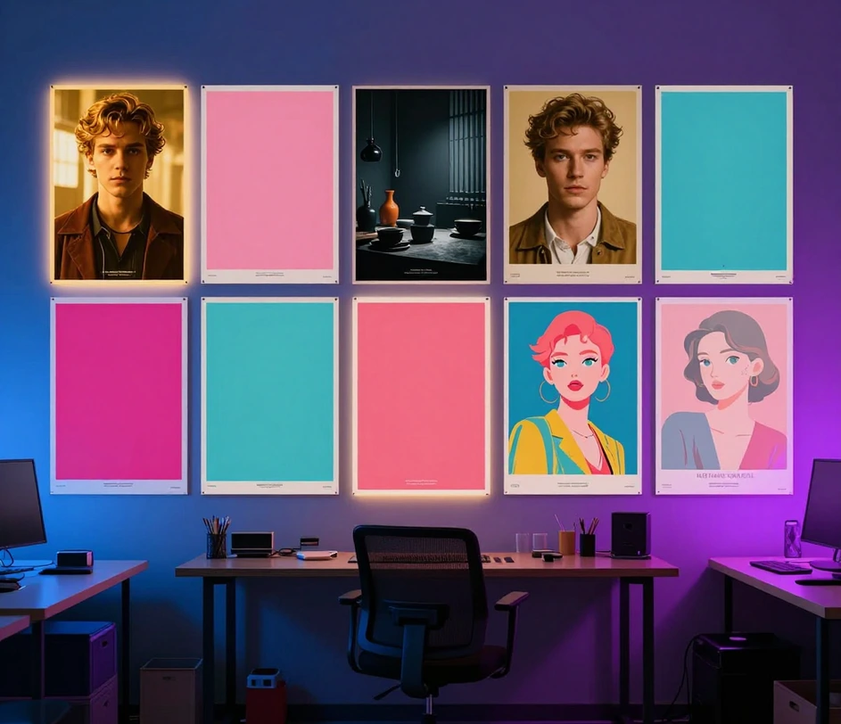 A creative studio scene with multiple stylized poster prints arranged across a workspace wall, capturing the moment a designer compares different prompt-driven outputs generated from the same source photograph