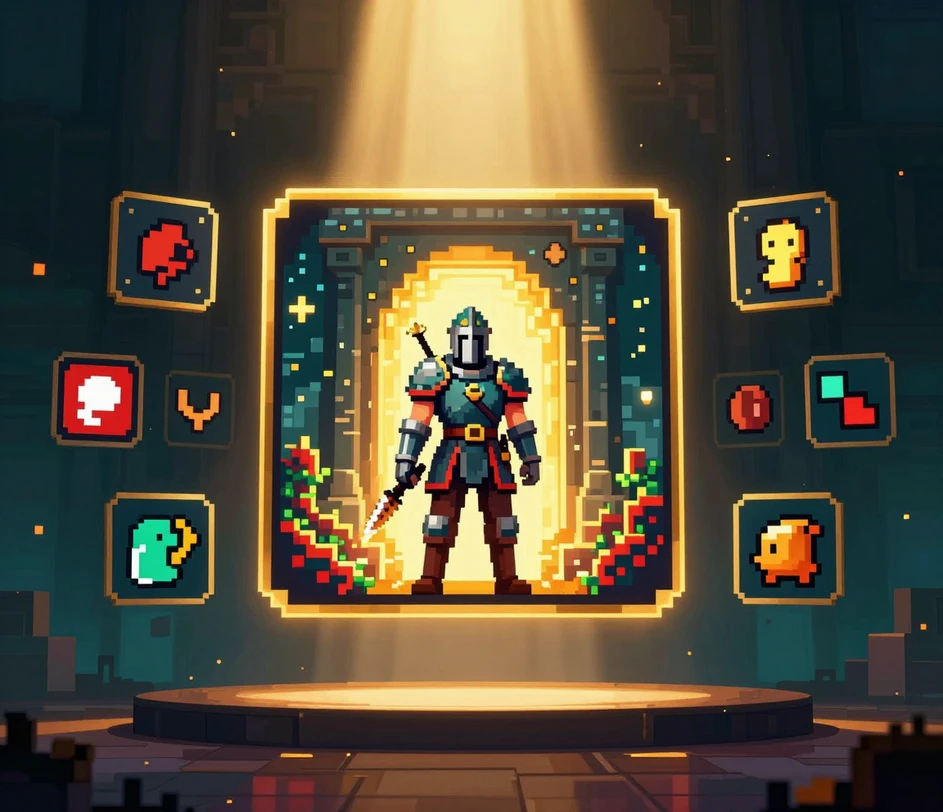 Un caballero de 16 bits terminado frente a un portal de mazmorra brillante en una rica paleta de dorado, turquesa y carmesí, orbitado por tarjetas consistentes de sprites de objetos y enemigos bajo un foco dorado — salida lista para juegos en unos veinte segundos