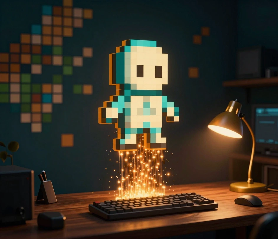 El estudio nocturno de un desarrollador de juegos indie con un sprite de caballero de 16 bits que se materializa desde partículas ámbar sobre un escritorio de madera — salida cuadrada 1:1 con bordes de píxeles nítidos y alineados y una paleta cálida limitada, generada en menos de veinte segundos