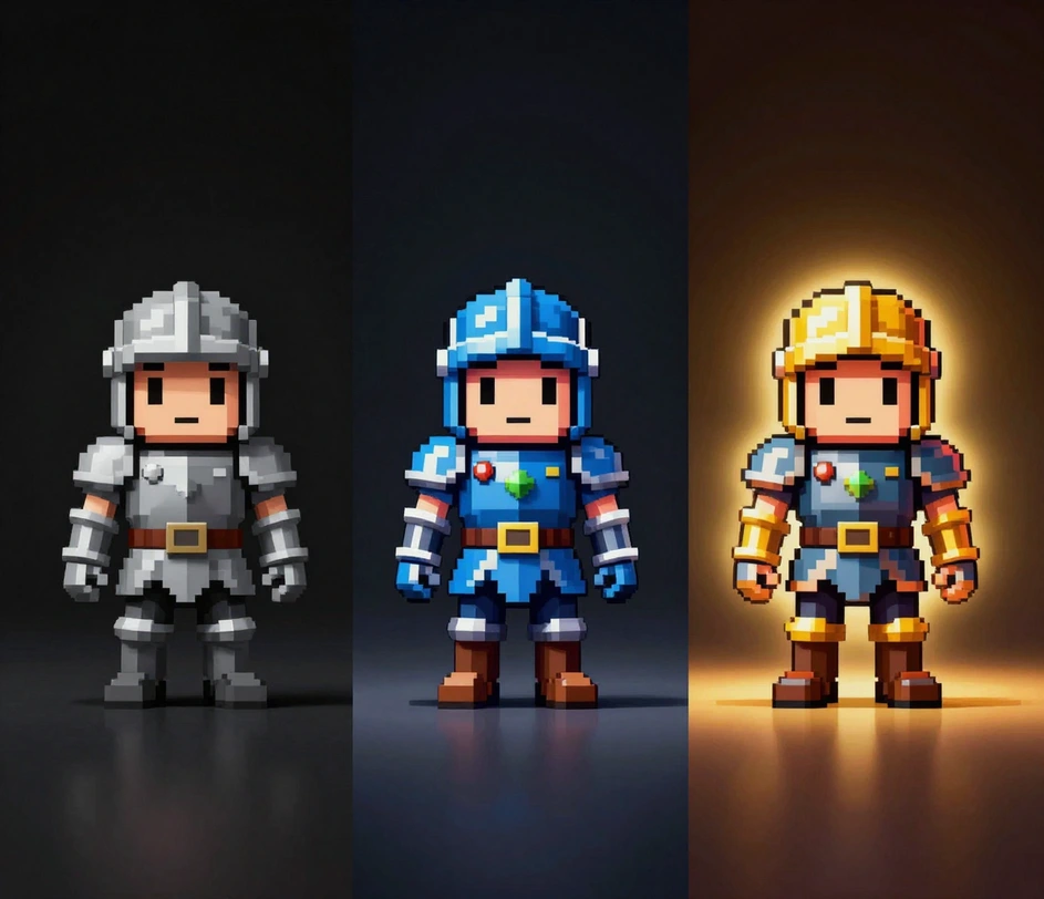 Un tríptico del mismo sprite de caballero de 16 bits con fidelidad creciente — bordes suaves a la izquierda, píxeles nítidos y alineados con una paleta más rica en el centro, y detalle moderno con dithering bajo un foco dorado a la derecha