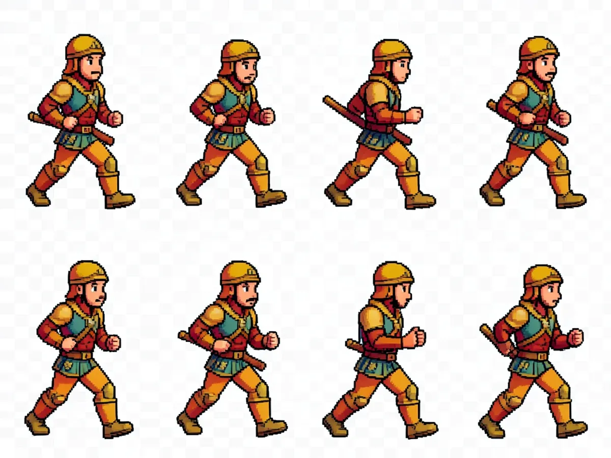 A 16-frame pixel art sprite sheet showing a character running in 4 directions at 32 × 32 resolution with Commodore 64 palette colors and smooth animation transitions