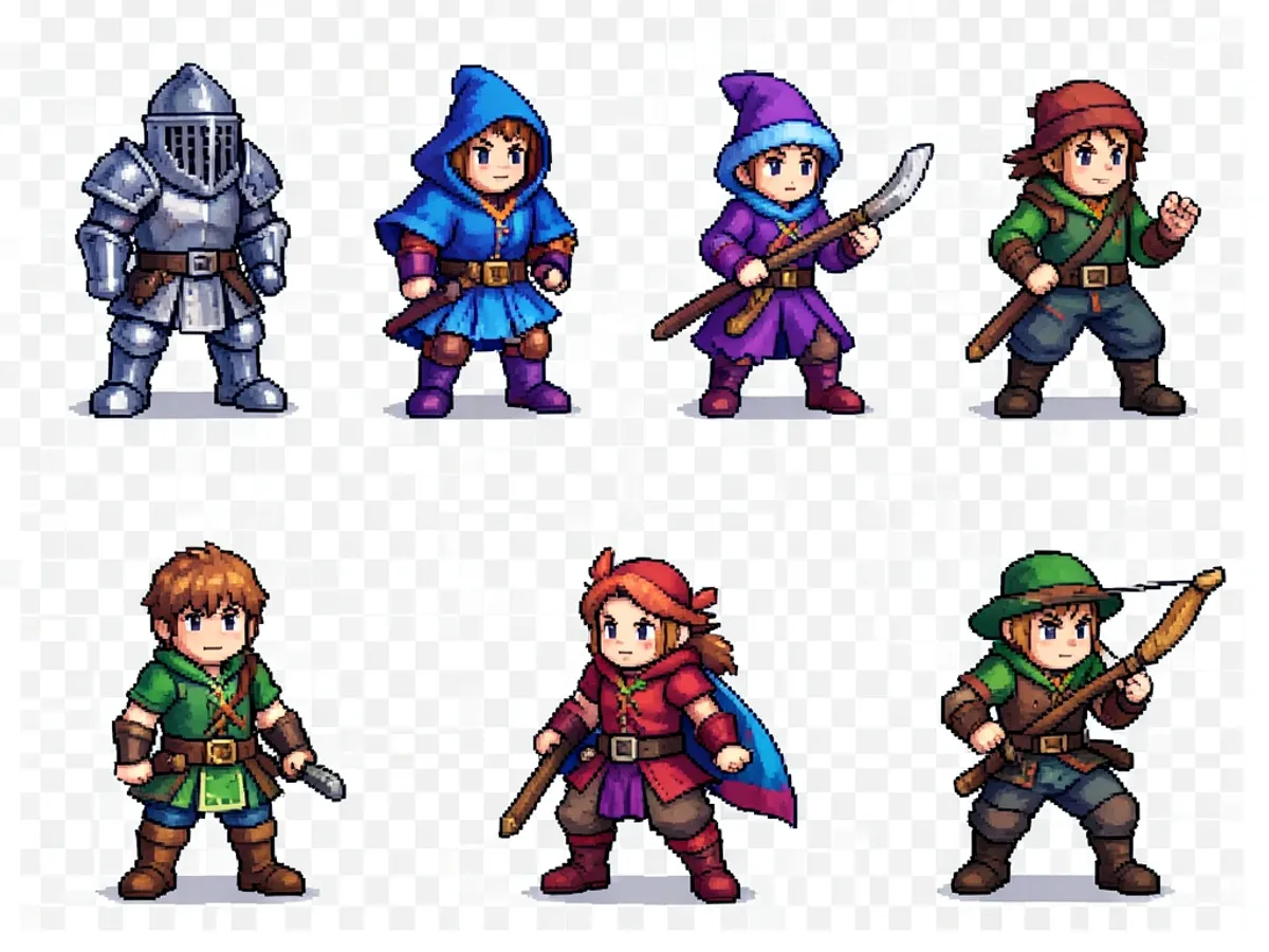 A set of 8 pixel art character sprites in 32 × 32 resolution rendered with a Pico-8 palette, showing idle and walk animation frames with clean outlines and transparent backgrounds