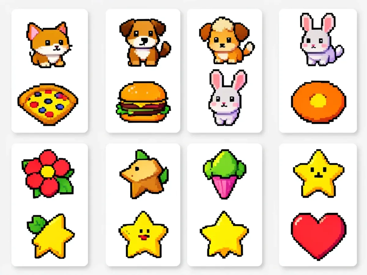 A collection of pixel art sticker designs at 64 × 64 and 128 × 128 resolutions featuring animals and food items with bold outlines and Game Boy palette colors, arranged on a transparent background