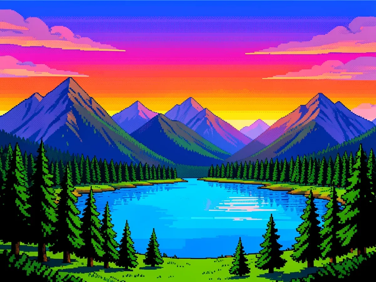 A pixel art social media banner at 128 × 128 resolution depicting a retro landscape with mountains and a sunset gradient, rendered in NES color palette with dithering effects