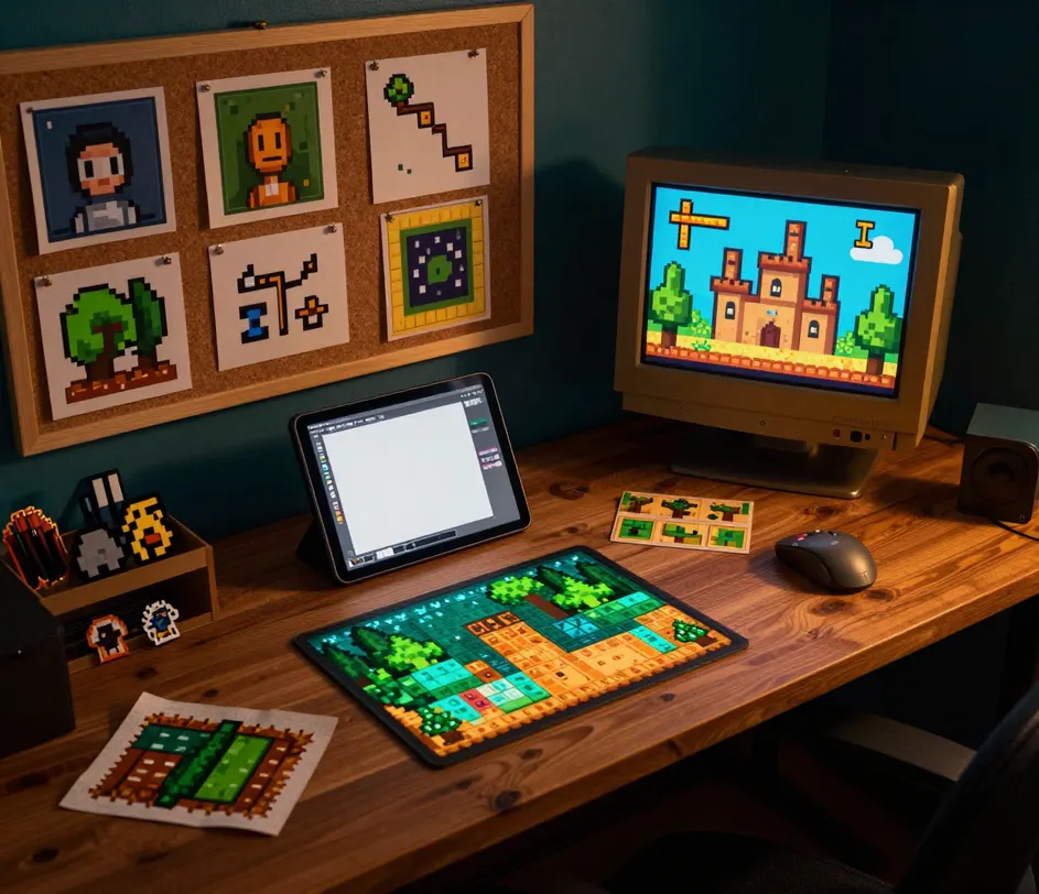 Un banco de trabajo de estudio indie con lienzos de tiles de biomas, tarjetas de sprites fijadas, un monitor CRT de ámbar cálido mostrando una escena de castillo terminada y mercancía de pixel art en un estante — todo en paletas limitadas de 16 bits unificadas