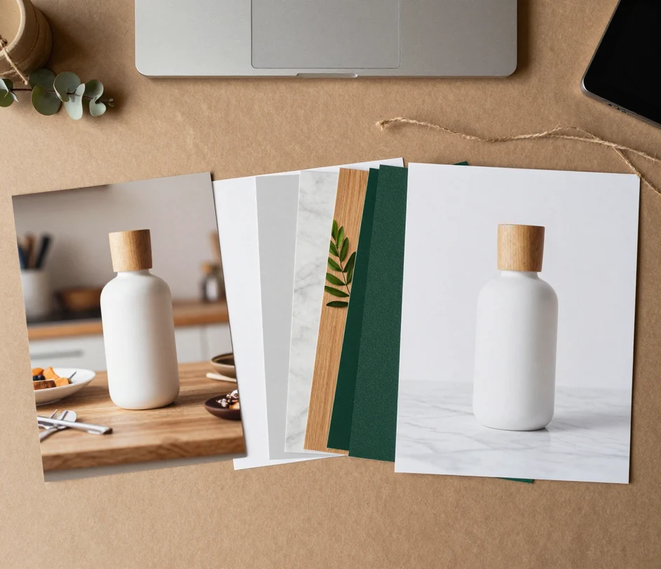 Ét varmt arbejdsbord med tre bevispunkter — et snapshot-til-hvidbaggrund printpar, en udfoldet række af seks baggrundsmaterialeprøver og et stort skarpt marmorprint af den samme umærkede flaske