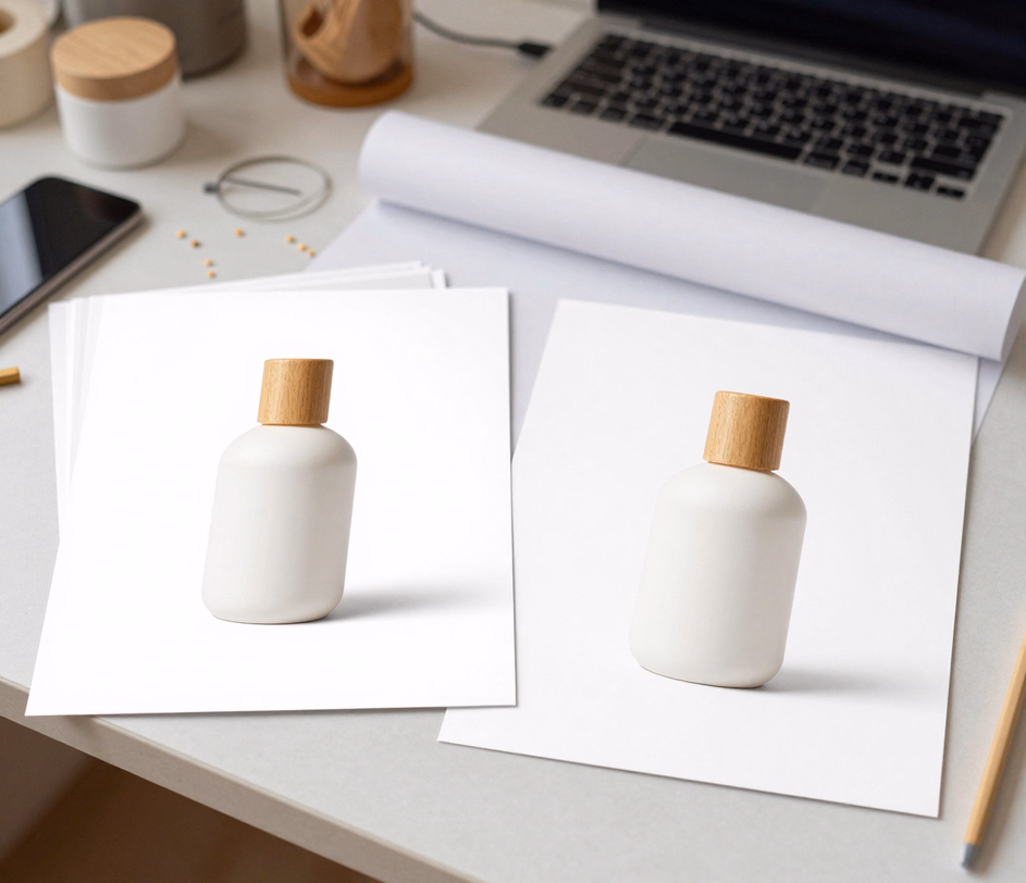 Et rodet køkkenbords-snapshotprint og et færdigt renhvidt marketplace-print af den samme umærkede keramikflaske, én hurtig behandling imellem, en rullet sømløs papirbaggrund lænet bagved