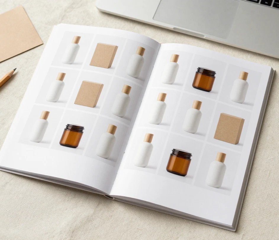 En åben trykt katalog på et lyst arbejdsbord, hver firkantet celle med et produkt på den samme fejlfri renhvide baggrund — umærket flaske, ravfarvet glas og kraftæske læst som én sammenhængende butik