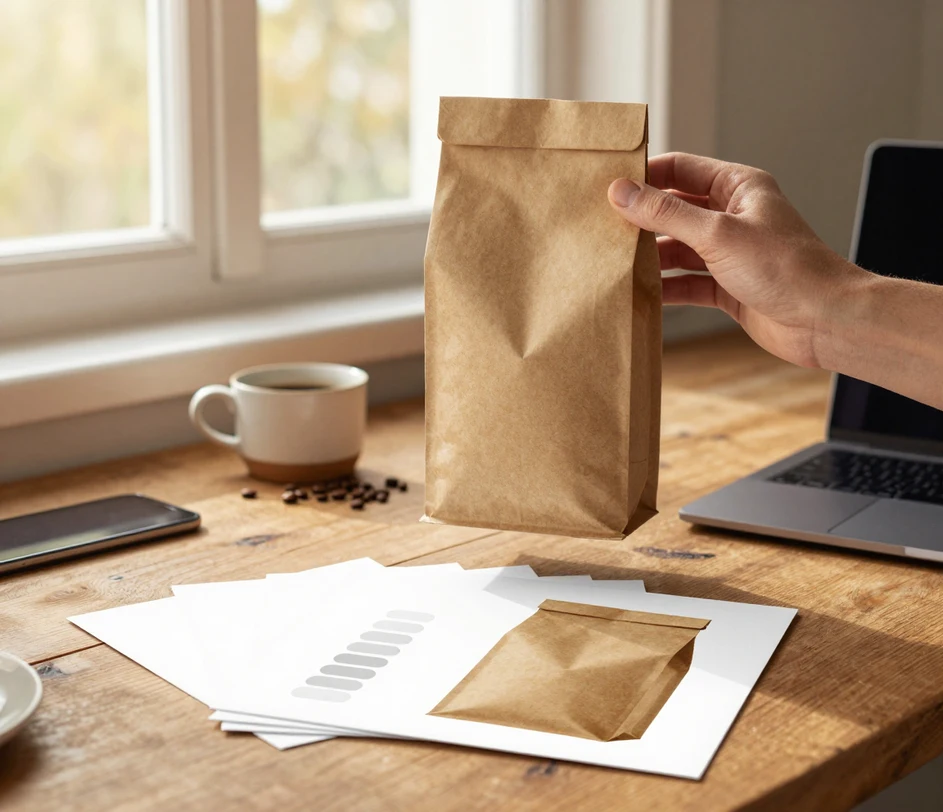 Et færdigt lifestyle-print holdt op i varmt vindueslys — den umærkede kraft-kaffepose på en rustik bordplade med spredte bønner — sit simple oprindelsessnapshot liggende på bordet nedenunder