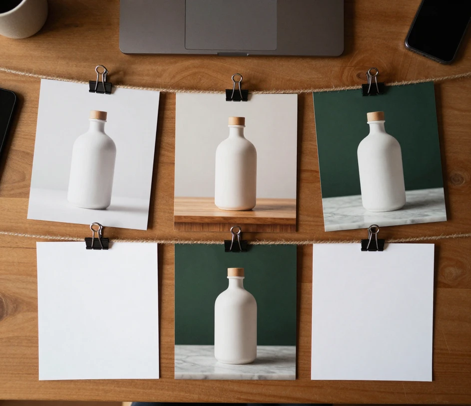 Fem færdige prints af den samme umærkede flaske klem fast på en hampesnor i en blød bue — hvidt katalog, varm eg-lifestyle, marmorpræsentation, festlig kampagne og et hvid-kontra-lifestyle-par