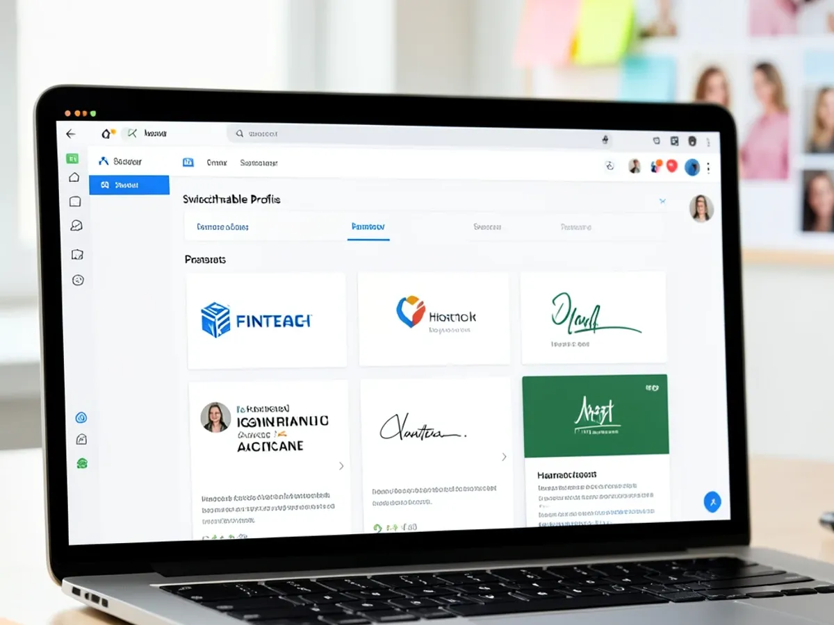 Marketing agency professional email showing switchable signature profiles for different clients with distinct brand colors and logos in a multi-brand management interface