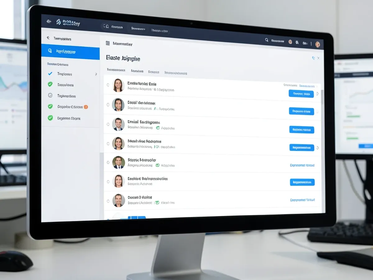 IT administrator dashboard showing a master email signature template being deployed to multiple employees with per-person data fields automatically populated