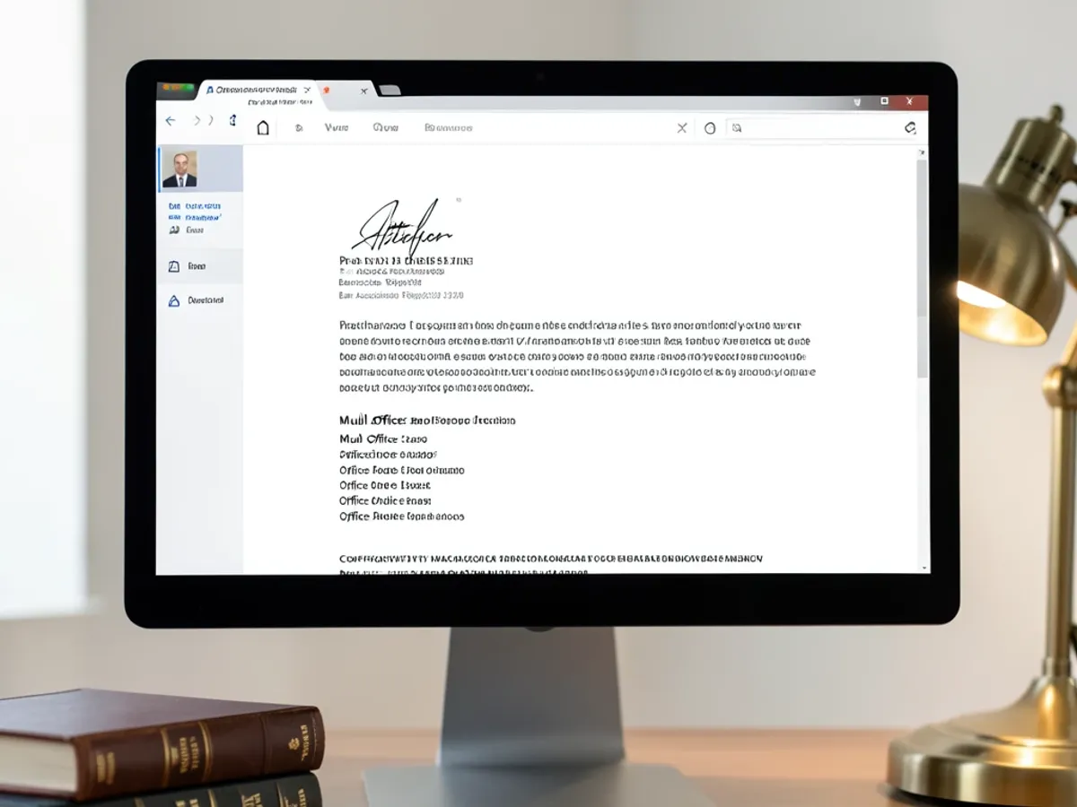 Law firm email signature showing attorney name, practice area, bar registration number, multi-office address block, and confidentiality notice in formal typography