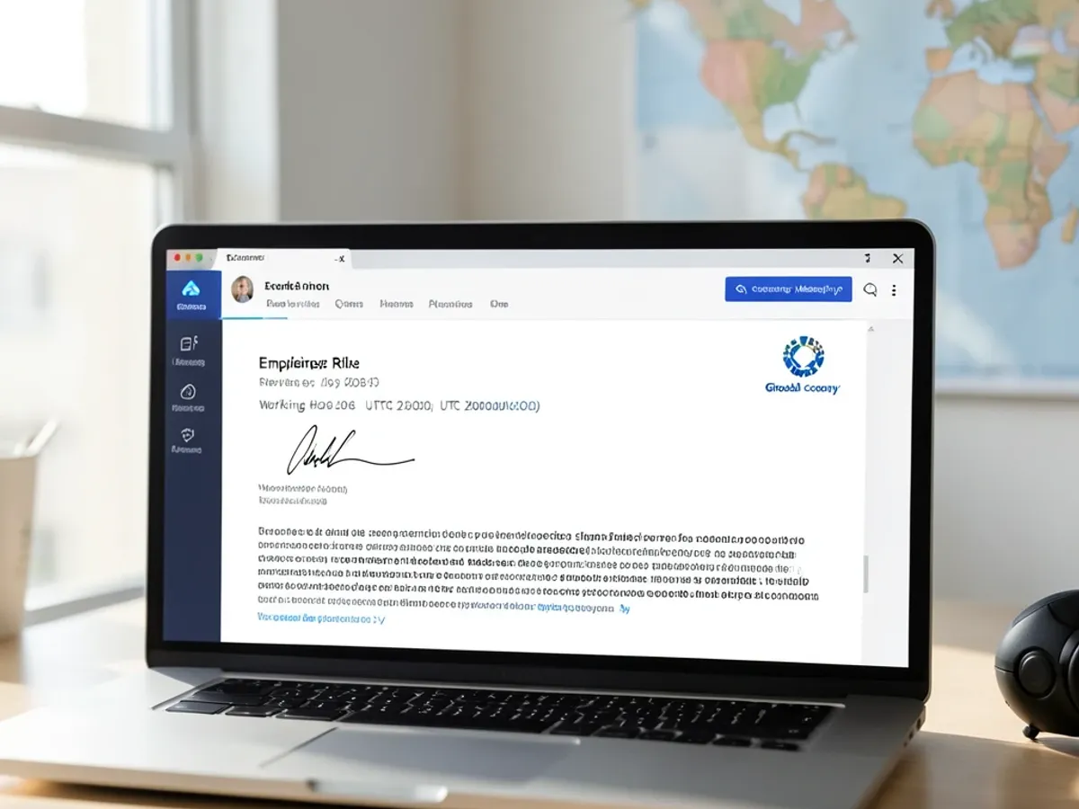 Remote worker email signature displaying employee name, role, working hours with timezone offset, video conference link, and global company branding adapted for cross-border communication