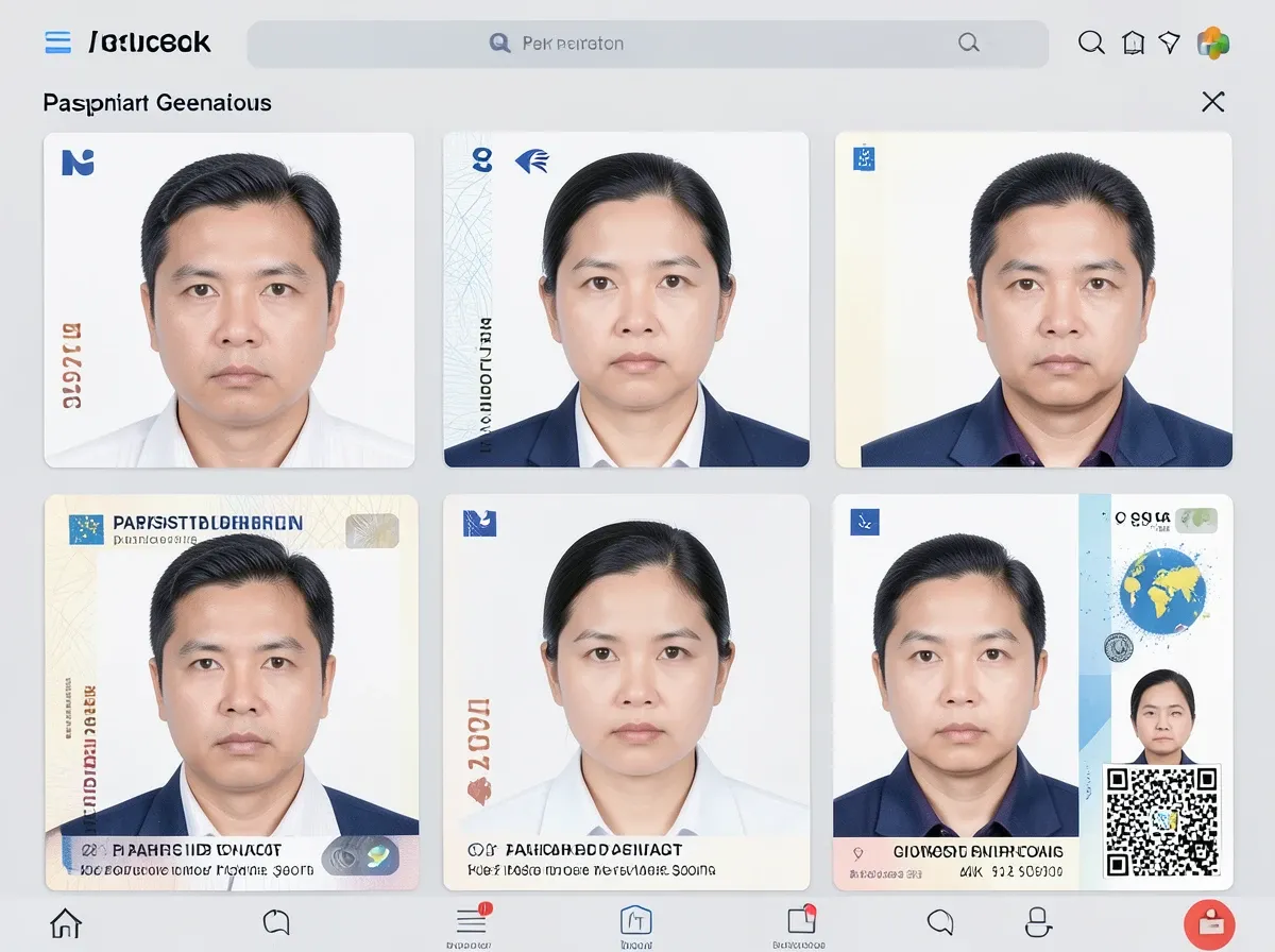 AI Passport Photo Maker tool preview showing compliant passport and visa photos from any selfie — automatic crop, background swap, and size formatt...
