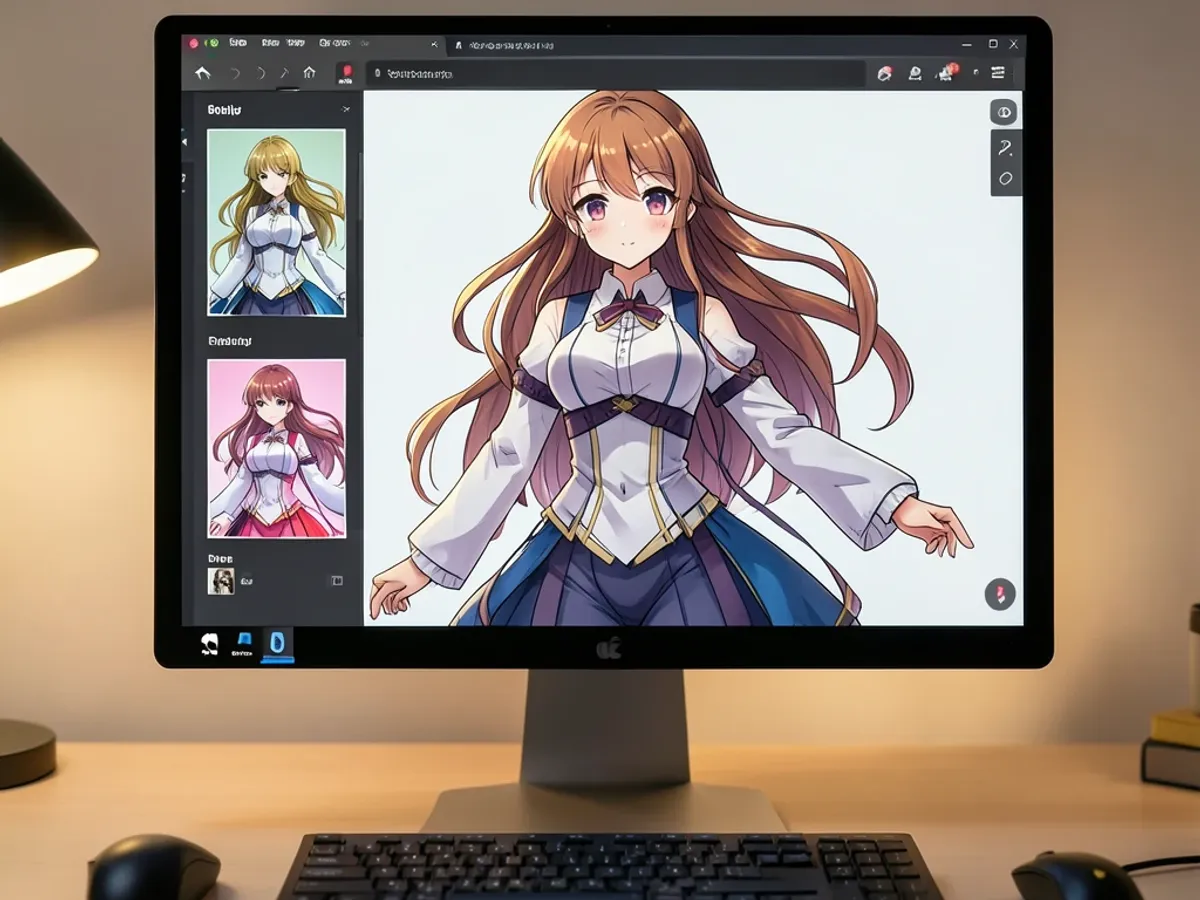 AI-generated waifu character with detailed anime-style illustration on a monitor screen
