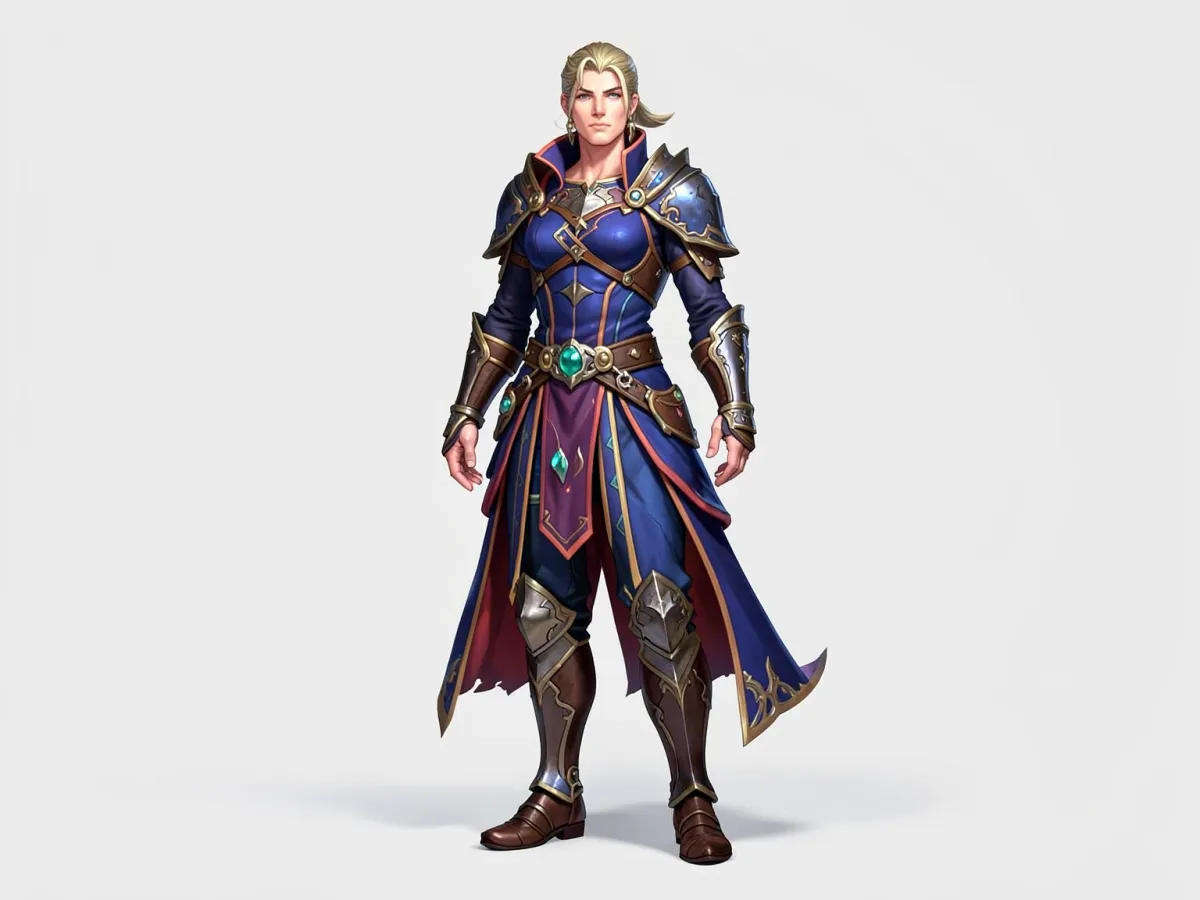 AI-generated character design showing full body figure with detailed clothing and accessories