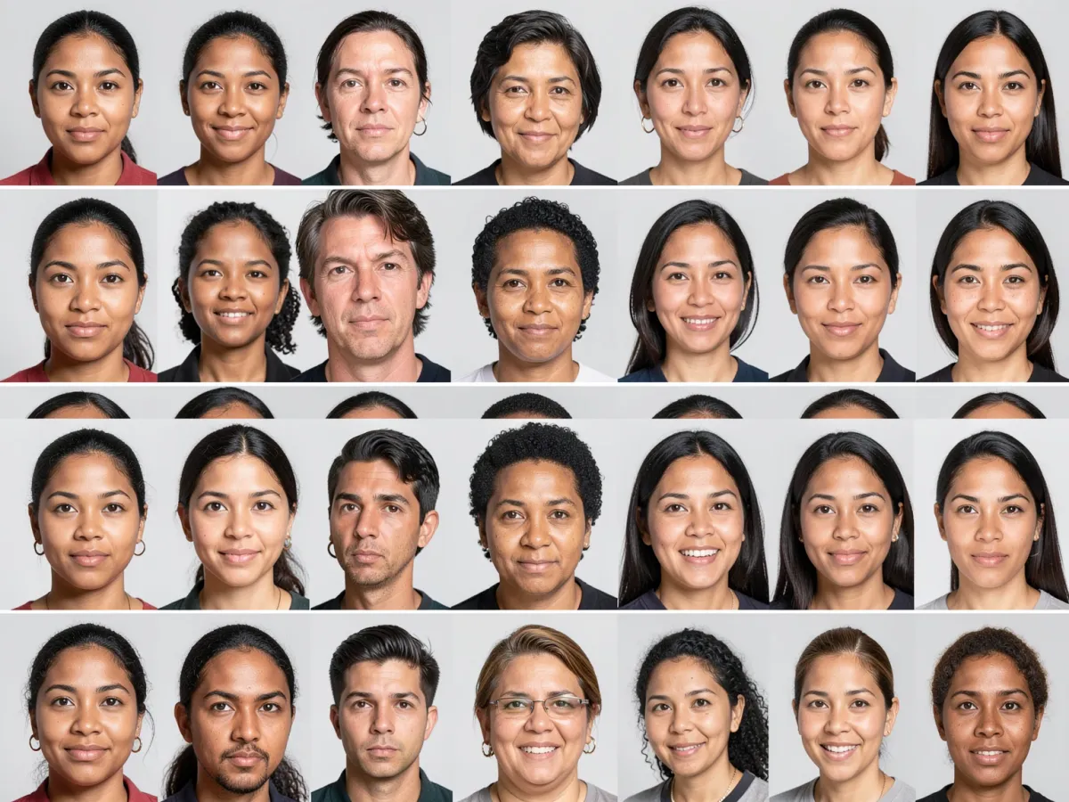 AI-generated portrait faces showing diverse ethnicities and expressions from text prompts