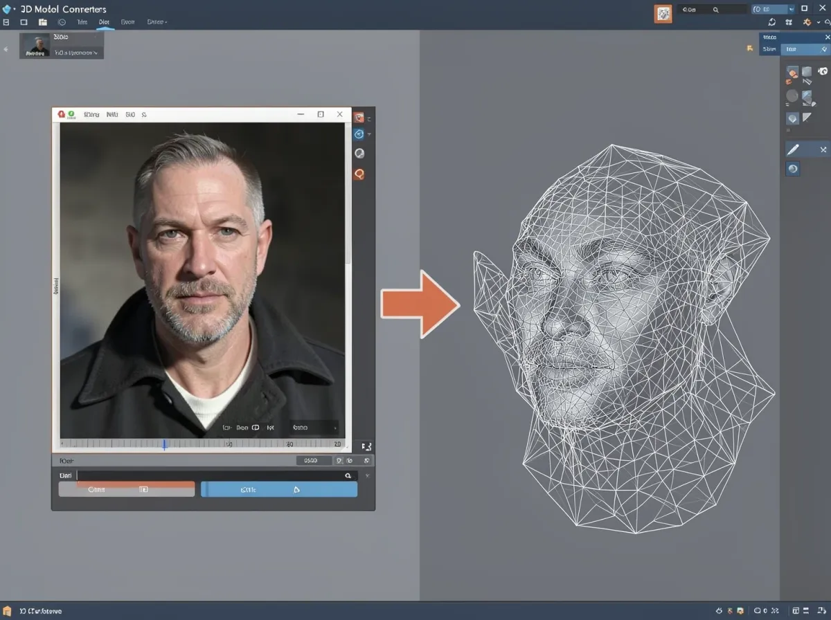 Image to 3D model converter displaying a 2D reference photo transforming into a fully textured 3D mesh