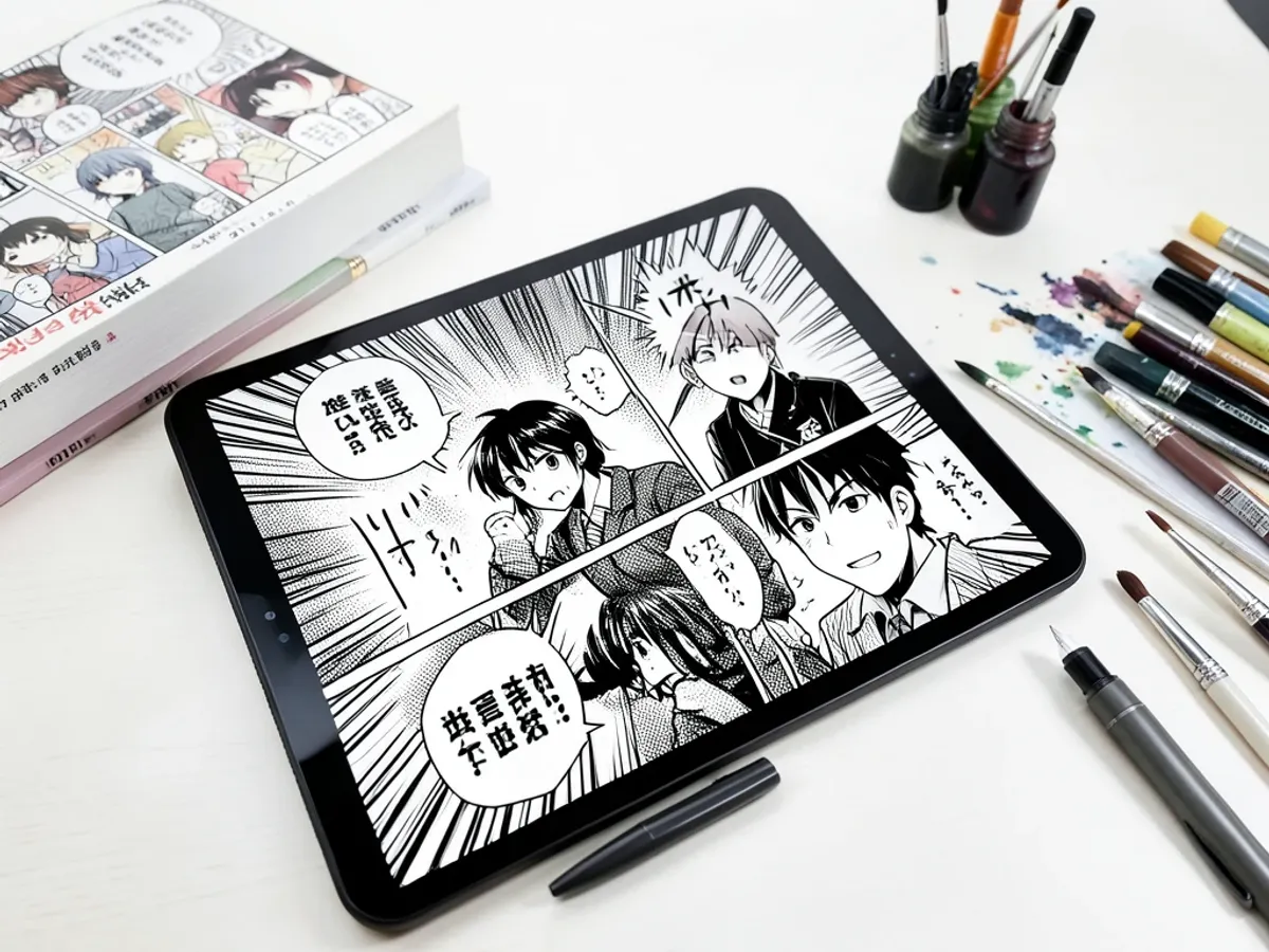 Tablet screen showing a manga-style comic panel with bold action speed lines and screentone shading generated from a text description