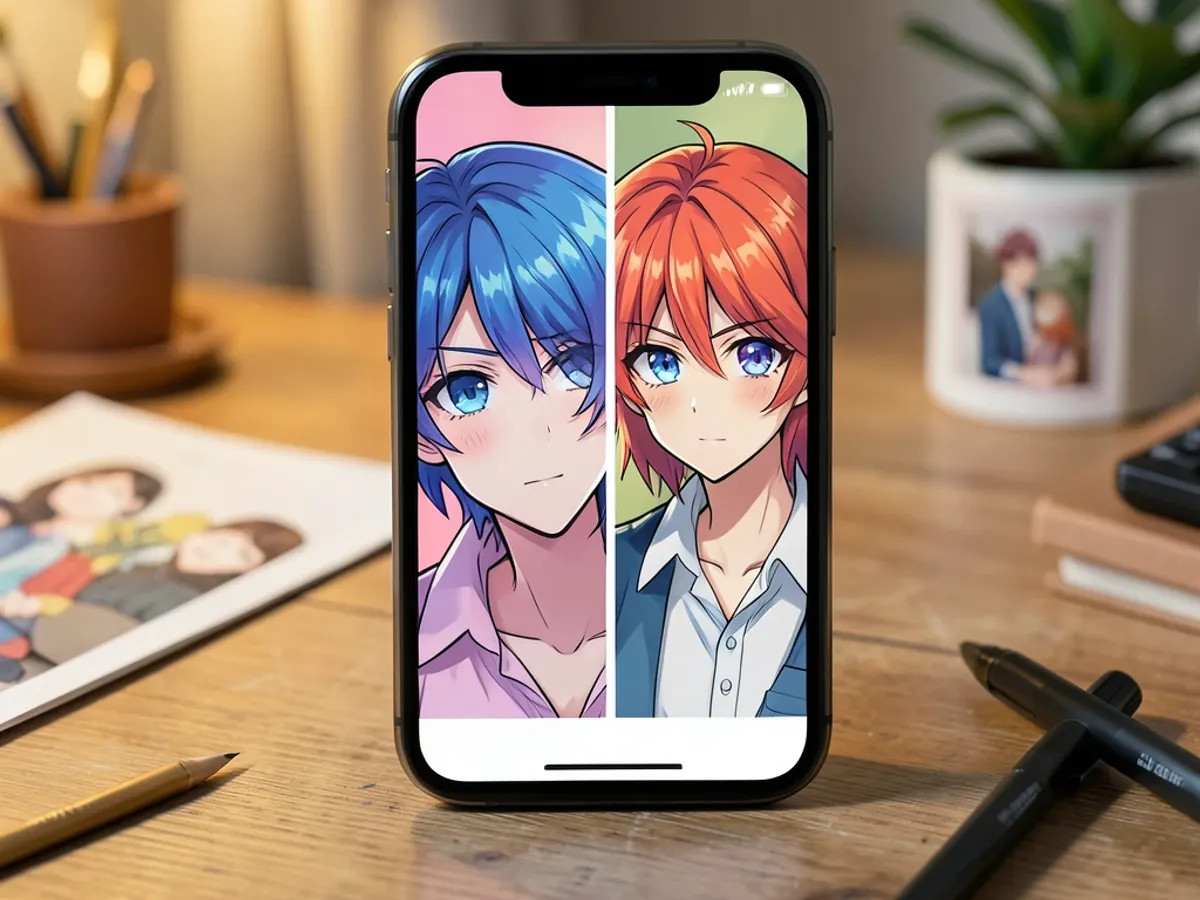 Smartphone screen showing a side-by-side conversion of a portrait photograph into vibrant cel-shaded anime artwork
