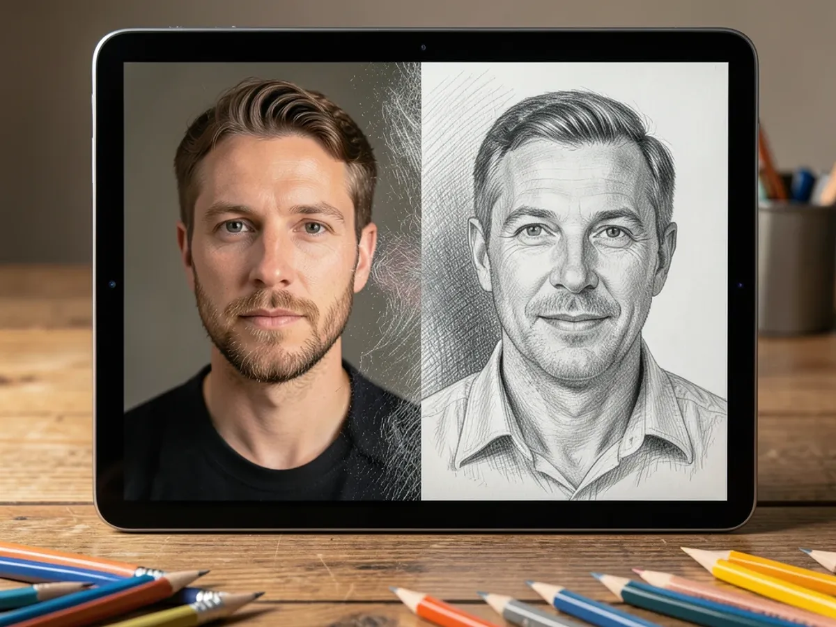 AI-generated sketch from a photograph showing detailed pencil drawing style