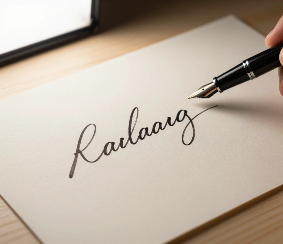 A premium close-up of an elegant flowing cursive signature with connected letters across crisp white contract paper, with a black fountain pen resting at an angle and soft directional lighting highlighting the ink strokes