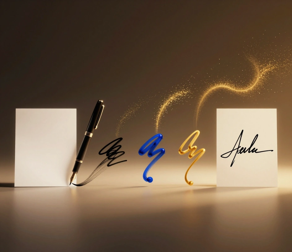 A cinematic left-to-right transformation showing blank paper, ink flowing from a fountain pen mid-creation, and a fully completed elegant cursive signature on the right