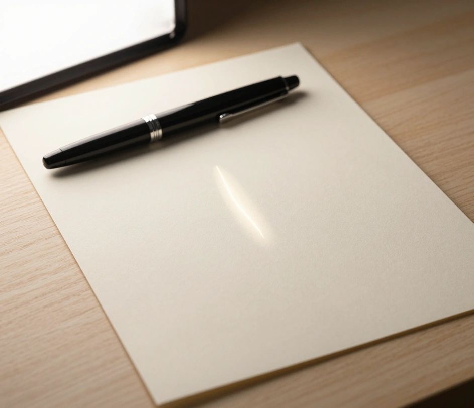 A clean sheet of premium white paper with a fountain pen hovering just above the surface, ready to write a typed name in flowing cursive style