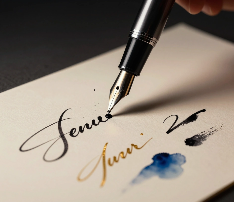 Four brush style options for cursive signatures displayed side by side — fountain pen, brush, calligraphy, and watercolor — each showing distinct stroke texture and ink flow